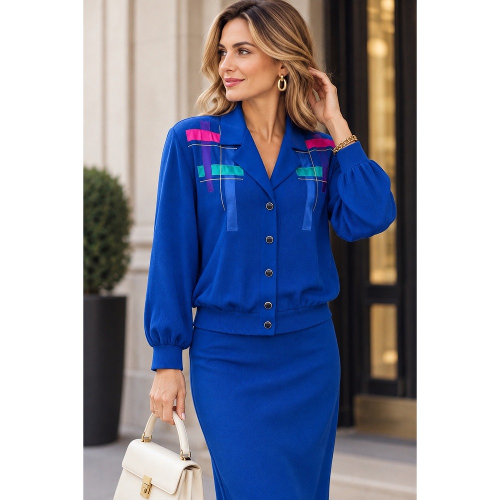 Philippe Marques II Vintage Blue Knit Skirt Set Geometric Ribbon Detail 2 Piece